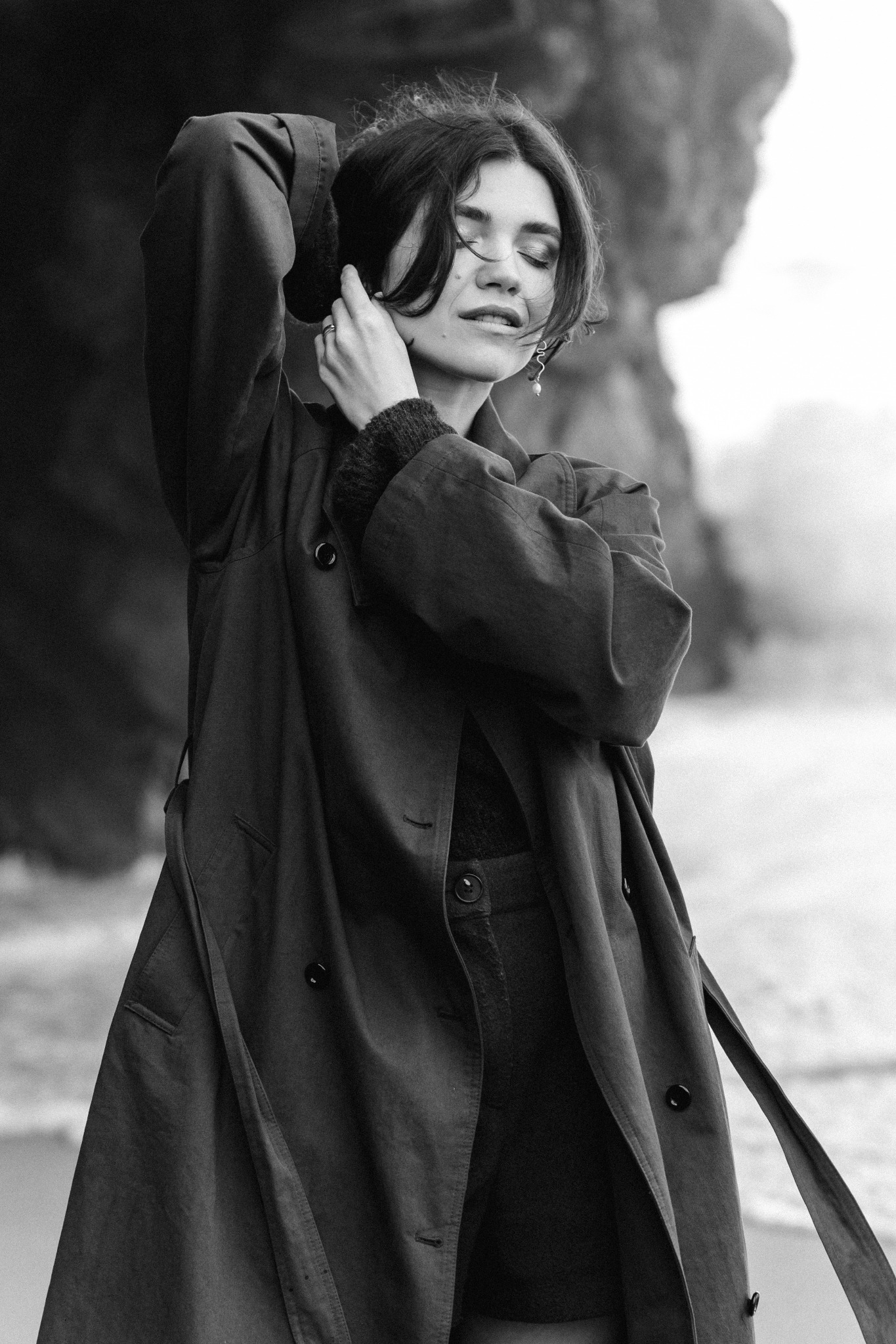Candid black-and-white portrait in motion