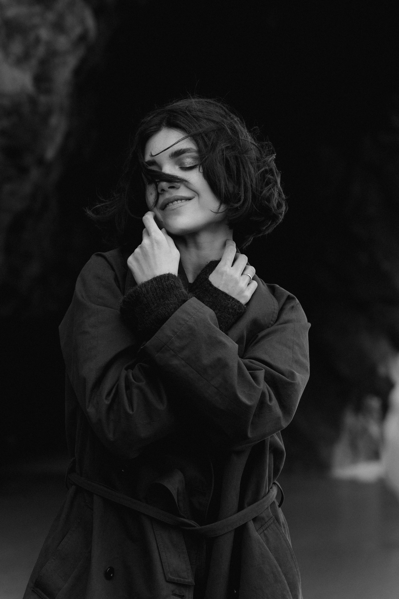 Emotional black-and-white portrait on the coast